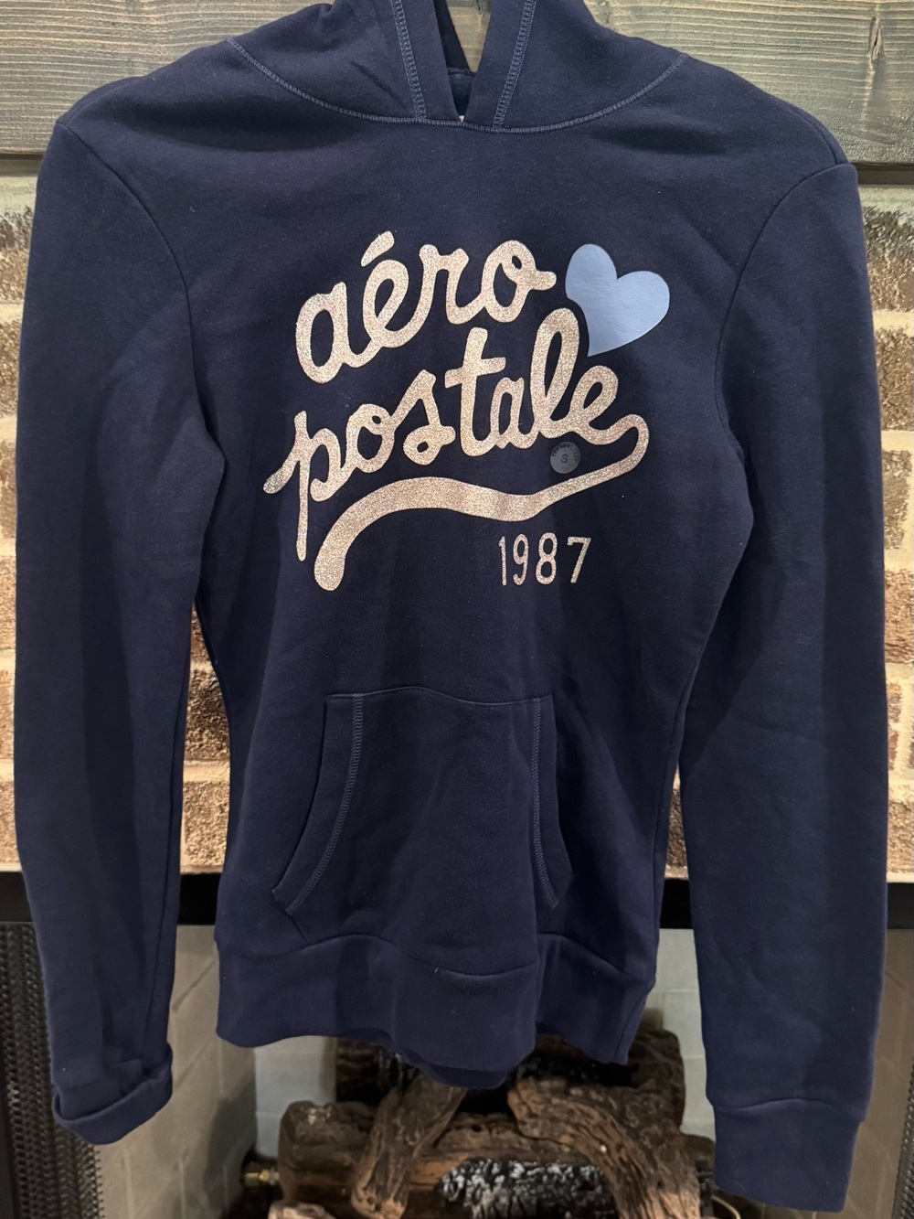 Aeropostale Black Pullover with Gold Glitter Logo and Light Blue Heart Hoodie